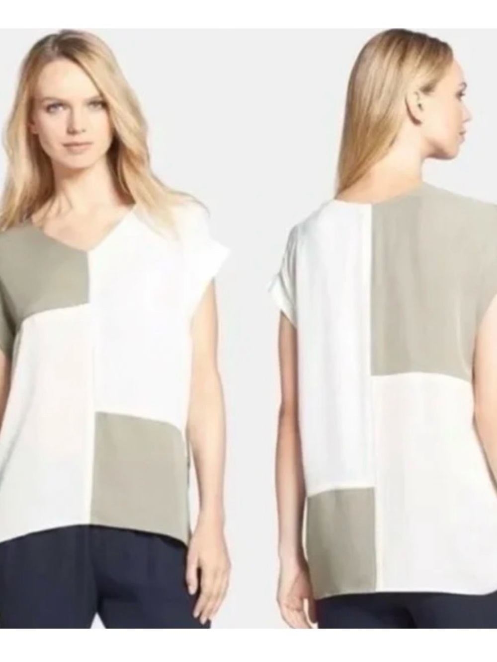 Theory Two-Tone Boxy V-Neck Blouse in Light Sage and Cream Talda C Size S